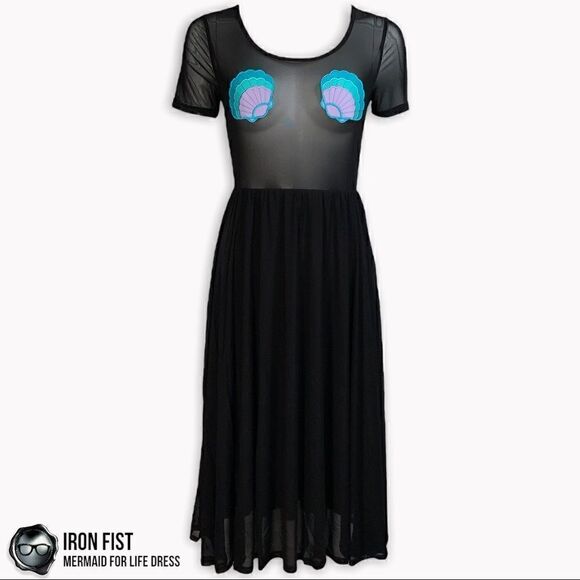 IRON FIST/DOLLS KILL MERMAID FOR LIFE LAYERED MESH DRESS IN BLACK HALLOWEEN MIDI - Picture 7 of 16
